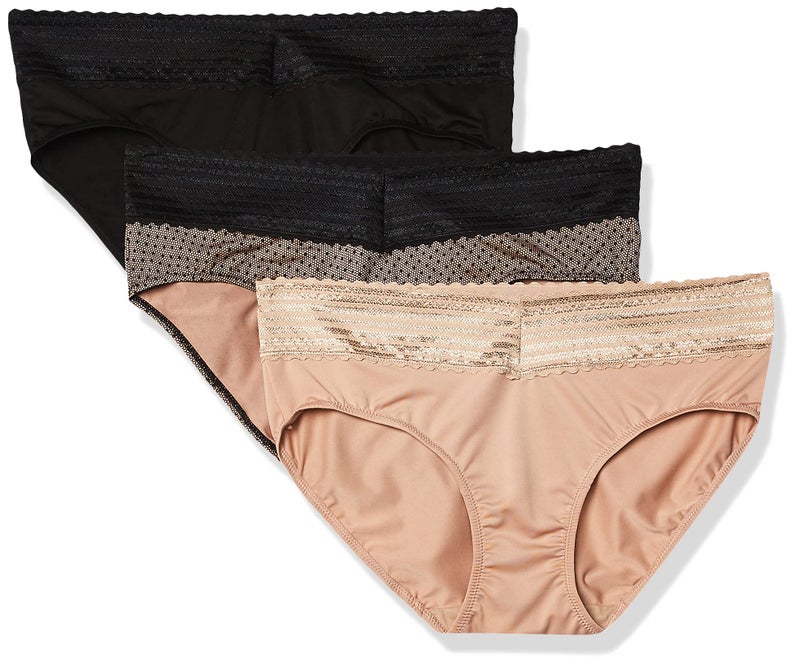 Warner's Women's Blissful Benefits No Muffin 3 Pack Hipster Panties, Black/Toasted Almond/lace dot Print, XL - Image 1